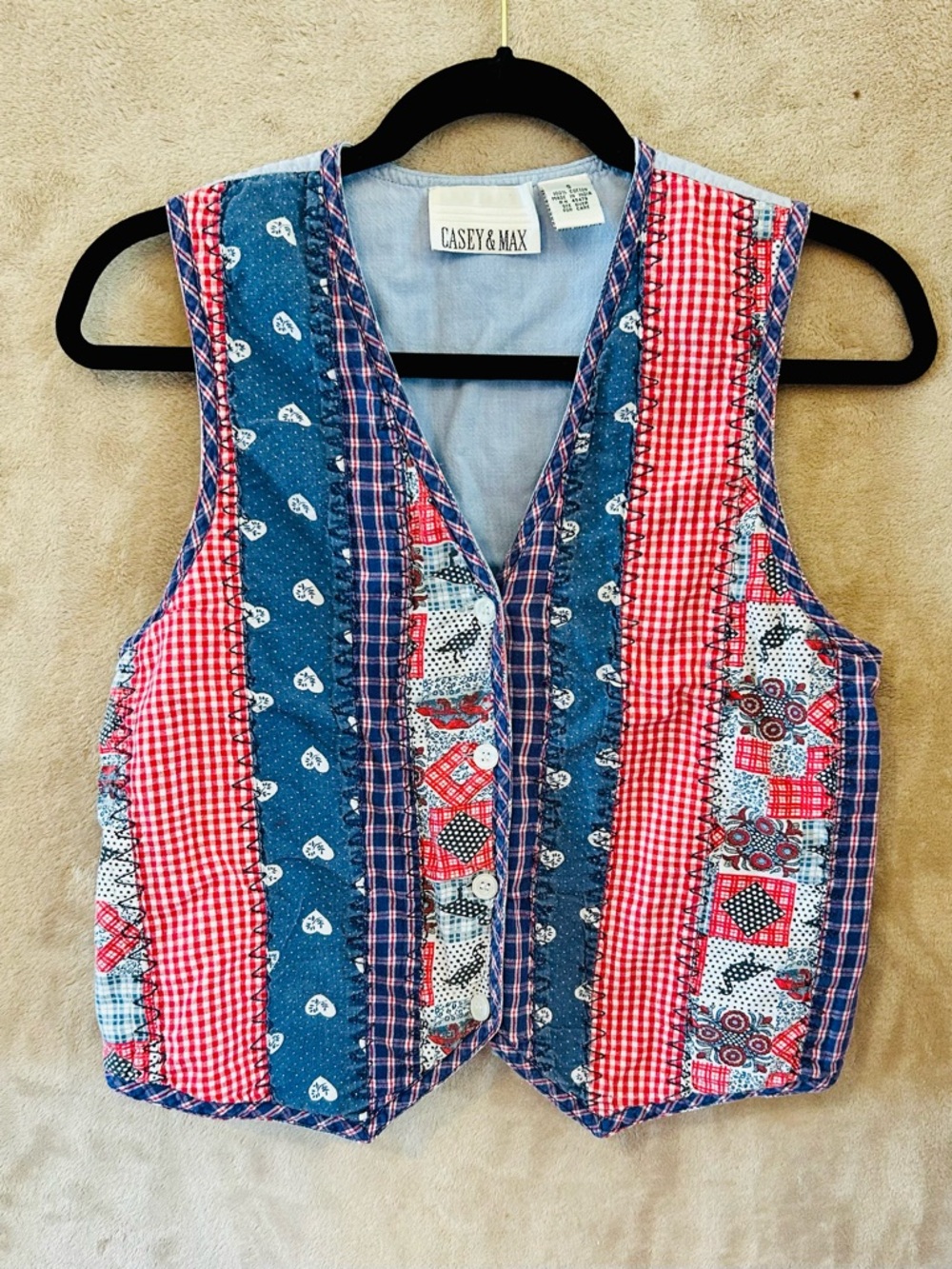 Casey & Max Patchwork Vest Quilted Cottagecore Red Blue Cotton S